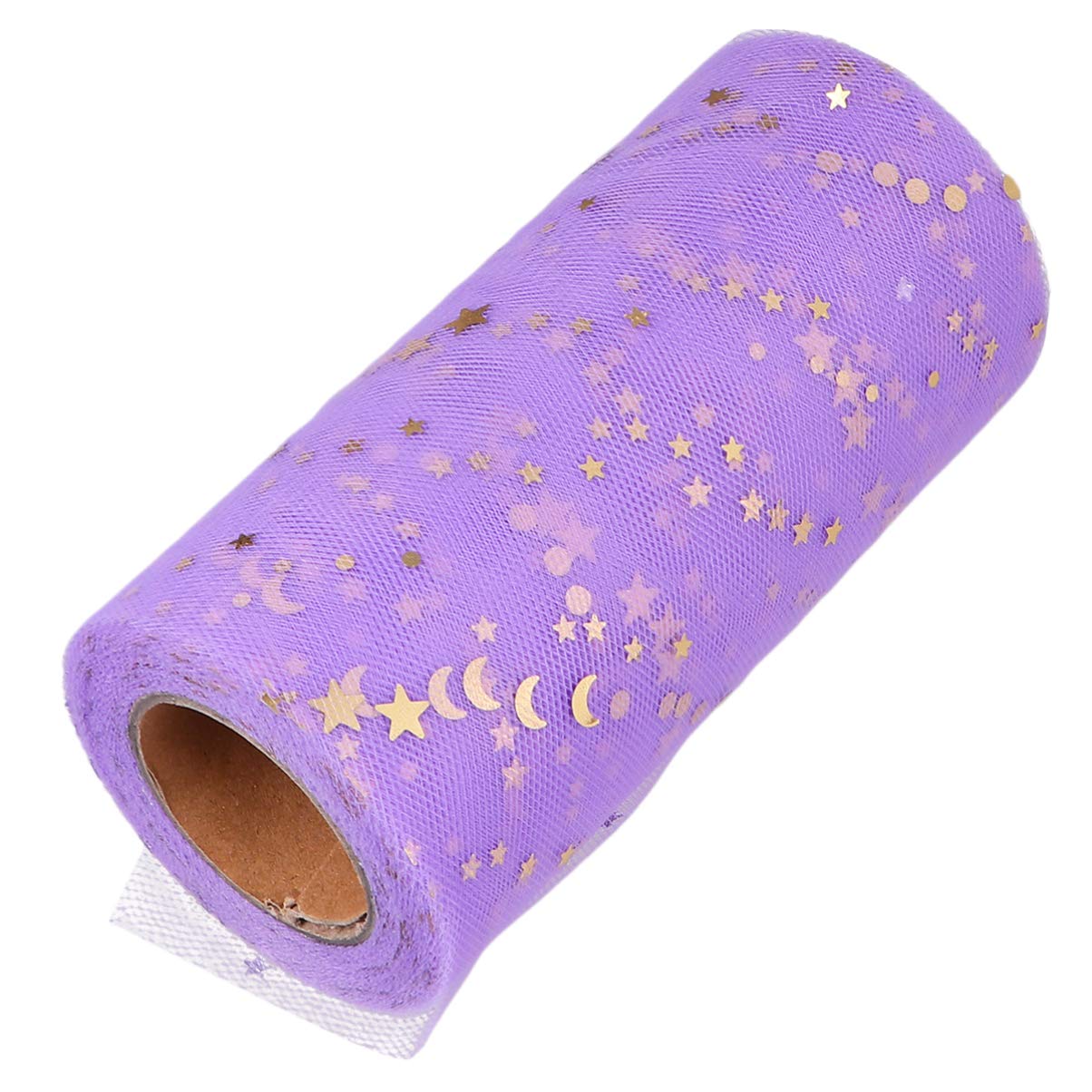 Mesh Ribbon Wide Whimsy Ribbons with Gold Star Moon Pattern DIY Craft Web Ribbon for Wrapping Home Wedding Christmas Cake Decoration 2280x15cm (Lavender)