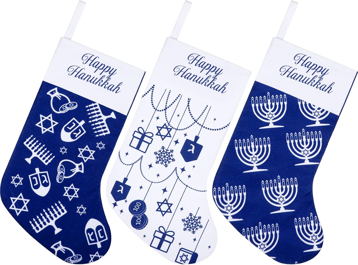 Ornament Hooks - 3 Pieces Hanukkah Stockings Plush Christmas Hanging Chanukah Socks Blue Christmas Menorah Star of David Velvet Snowflake Stockings Holiday Cute Pendent Socks for Xmas Holidays Decorations Supplies