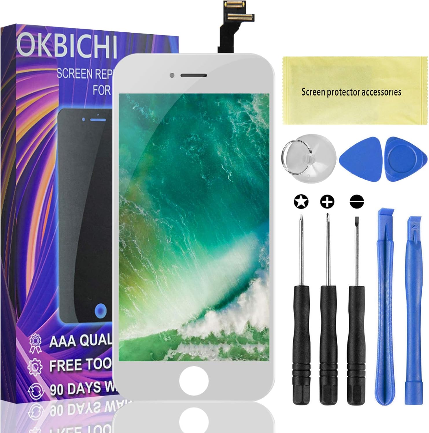 OKBICHI for iPhone 6 Screen Replacement White (4.7 inch), LCD Display Digitizer Assembly Touch Screen with Screen Protector and Repair Tool Kit