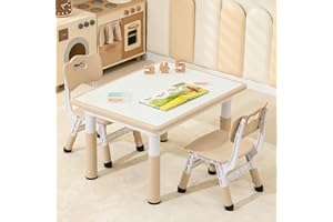 Hulaibit Toddler Table and 2 Chairs, Height-Adjustable Kids Table and Chairs Set, 31.5''L x 23.6''W Children Activity Table for Boys and Girls Aged 3-8