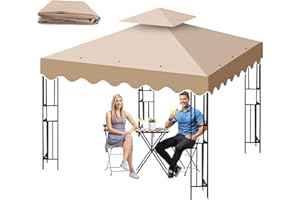 QDRECLOD 10'X10' Gazebo Canopy Top Replacement, Double Tier Gazebo Canopy Replacement Top Cover with Air Vent, Grill Gazebo Top Roof for Shop Garden Patio Yard Outdoor, Pavilion Cover Sunshade (Khaki A)