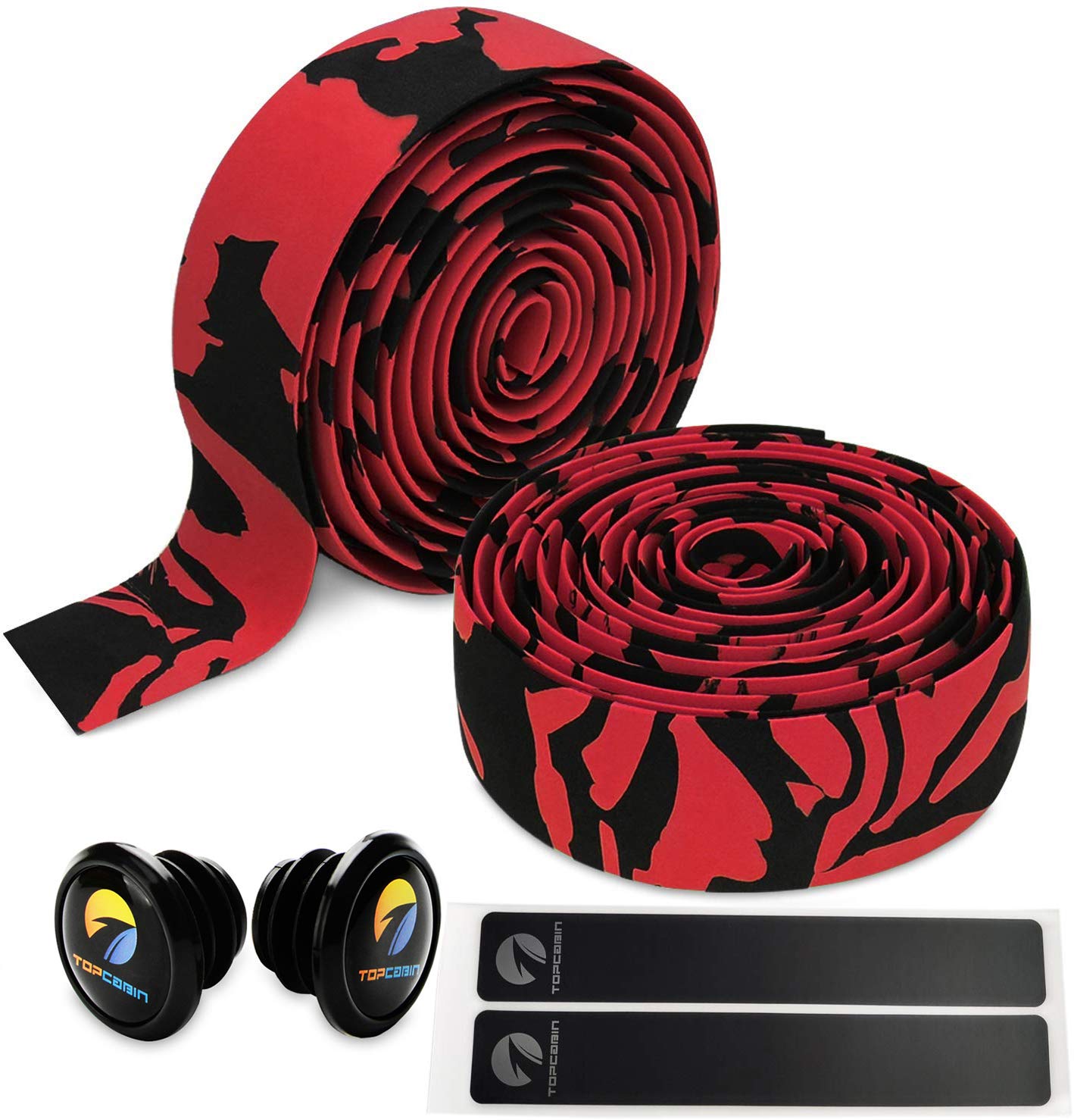 TOPCABIN 2 Rolls Bicycle Handlebar Tapes Camouflage Series Comfort GEL Road Bike Handlebar Tape Bike Bar Tape with Reflective Bar Plugs ((a pair) Red)