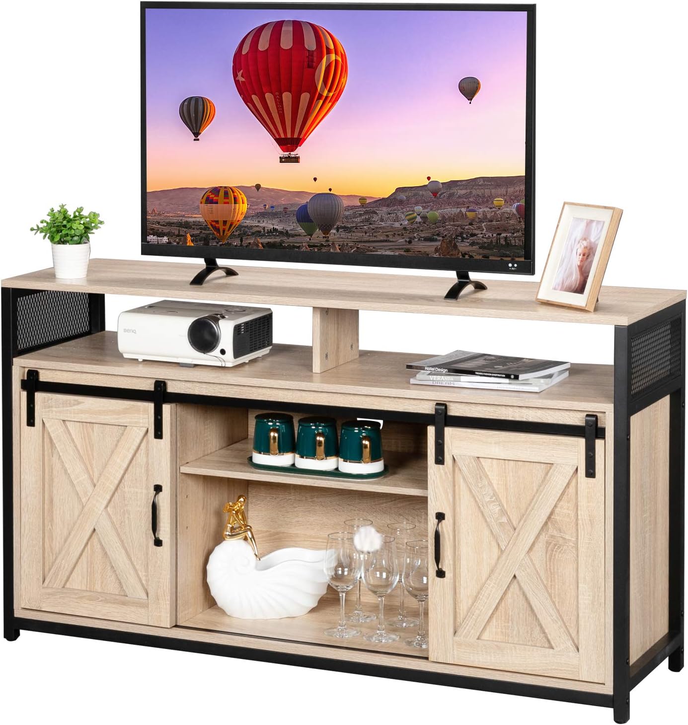 Amazon Com Vingli Tv Stand With Sliding Barn Doors For Tvs Up To 55 Flat Screen Farmhouse Entertainment Center Media Console Table Cabinet W Adjustable Shelves White Oak Furniture Decor