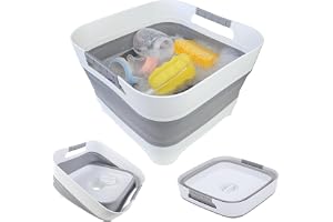 GIMWA 2.6 Gal Collapsible Baby Bottle Wash Basin with Drain Plug | Foldable Wash Basin with Rubber-Covered Handles, Space-Saving Collapsible Tub for Kitchen, Camping, RV, Laundry