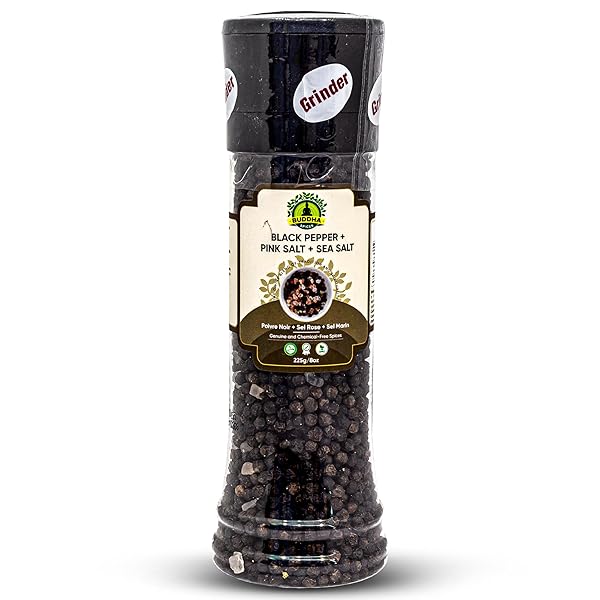 BUDDHA SPICES INC. HIMALIAN PINK SALT AND SEA SALT WITH BLACK PEPPERCORNS – 225G