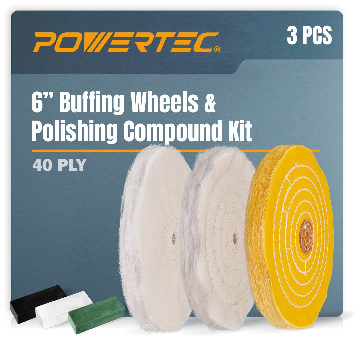 POWERTEC 71631 6 Inch Bench Grinder Buffing Wheel Kit w/ 3pcs Polishing Compound Set Including Black, White, Green Bars and Treated Yellow (40 Ply) Loose Cotton (40 Ply), White Cotton (40 Ply)