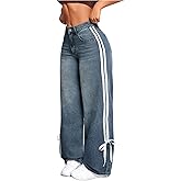 MakeMeChic Women's Straight Wide Leg Denim Pants Striped Bow Rise Jeans with Pocket Y2K Streetwear
