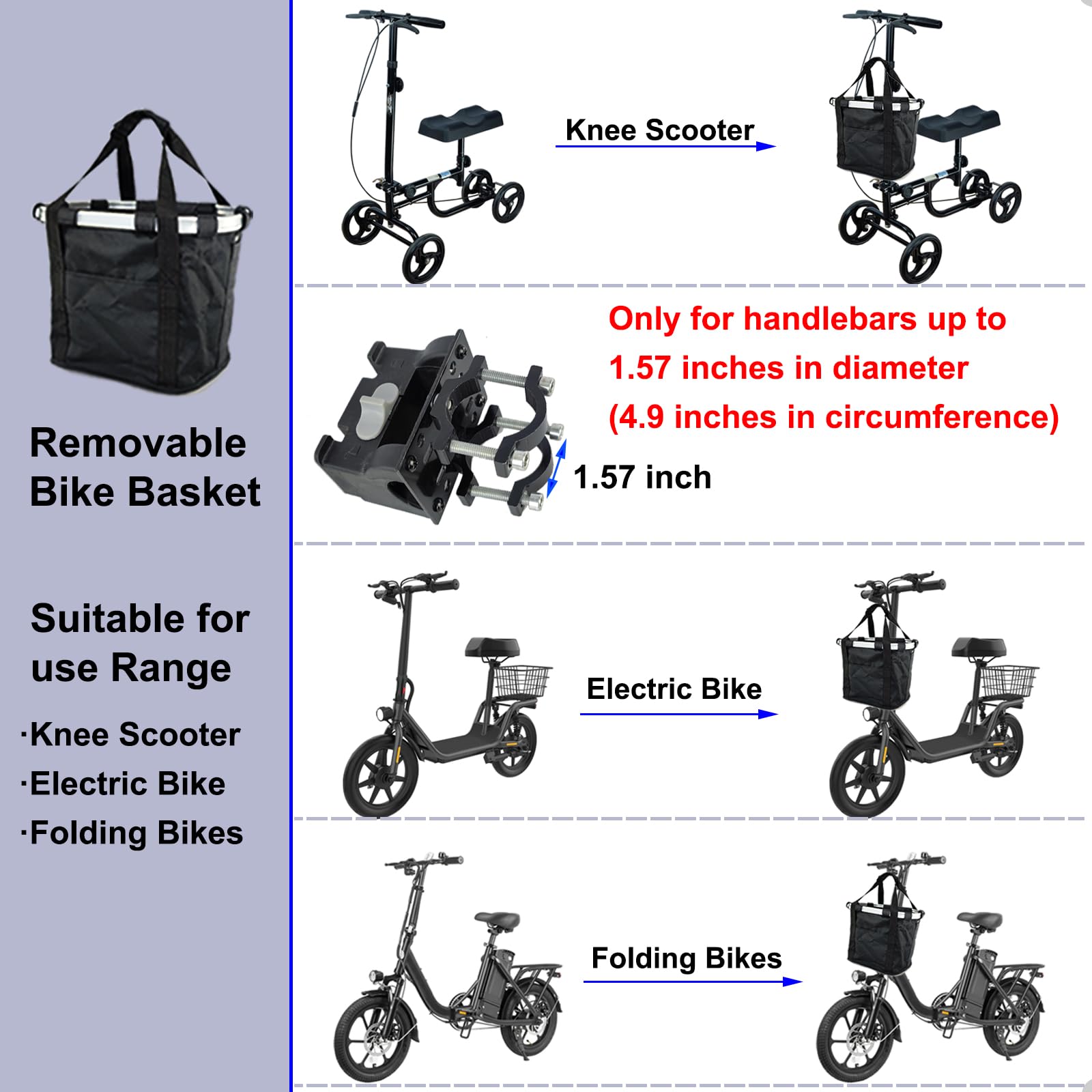 Mkuero Knee Scooter Basket Accessory with Handle, Quick Release Removable Cloth Basket - Fits Most Knee Scooter Walker Models