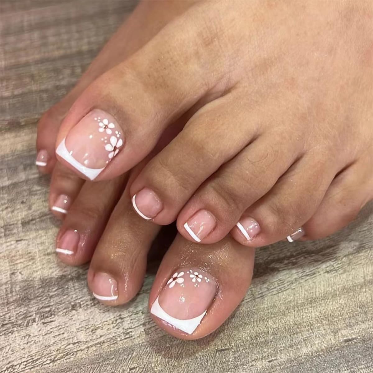 Photo 1 of 24 Pcs White French Press on Toenails Short Square - ZWENJIE Cute Flower Fake Toe Nails Nude Pink False Toe Nails Press Ons Full Cover Glossy Sparkly Acrylic Stick on Toenails for Women Girls