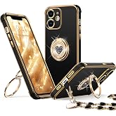 XYZ for iPhone 12 Case with Stand, Phone Case with 2-Ring Kickstand Black | Double Ring Holder, Cute Love-Heart, Phone Chain Wristlet, Wrist Strap, Women Girls Bling Luxury Protective Case, Black