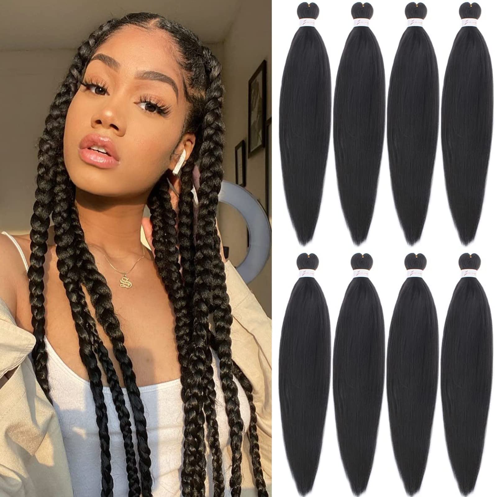 Xtrend 8 Packs 26 Inch Brown EZ Braiding Hair Extensions Pre Stretched for Box Braids Yaki Straight Kanekalon Fiber Crochet Braiding Hair Extension 2#