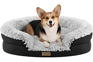 Miorun Fluffy Orthopedic Dog Bed for Small & Medium Dogs and Cats, Calming Plush Sofa Bed with Curved Bolster Support and Egg-Crate Foam Base, 35" Cozy Oval Pet Donut Bed with Washable Cover, Gray