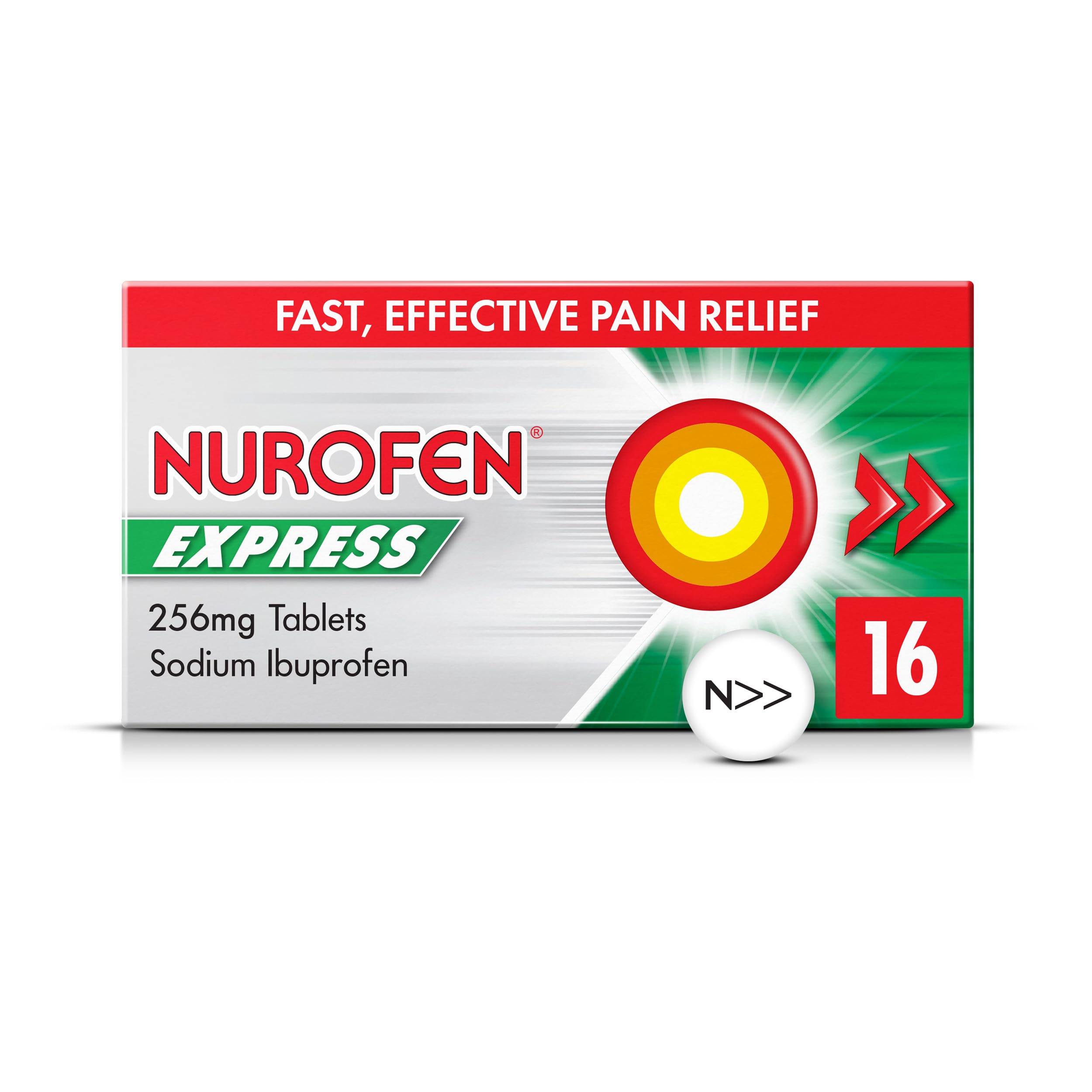 Nurofen Express Ibuprofen 256mg, 16 Tablets - Pain, Sinus, Migraine, Headache, Toothache Relief, Long Lasting Cold & Flu relief