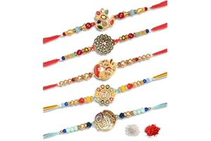 IndoTribe Rakhi for Brother - Set of 5, Rakhi for Brother and Bhabhi | Lumba Rakhi For Brother with Gift Set | Rakhi with Roli Chawal, Card | Brother Bhaiya Bhabhi Rakhi | Raksha Bandhan Rakhi