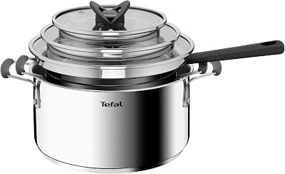 G7376S Opti'Space - Juego de cacerolas (6 Piezas, 16 cm (Incluye Tapa), 20/24 cm (Incluye Tapa), Acero Inoxidable, Base termofusible, para Todo Tipo de Fuegos, inducción, Color Gris