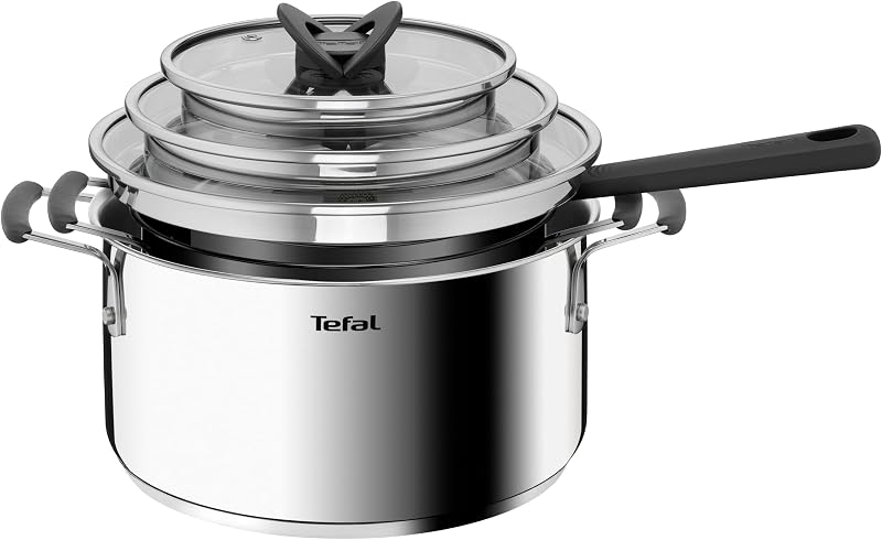 G7376S Opti'Space - Conjunto de panelas (6 peças, 16 cm (inclui tampa), 20/24 cm (inclui tampa), aço inoxidável, base termofusível, para todos os tipos de fogos, indução, cor cinzenta