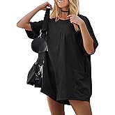 Ekouaer Summer Rompers for Women Short Sleeve Oversized T-shirt Romper Reversible Baggy Jumpsuit Outfits with Pockets