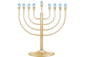 ZION JUDAICA LTD Zion Judaica Traditional Gold Tone Electric Menorah with LED Lights – Metal Hanukkah Candelabra with USB & Wall Adapter – Long-Lasting LED Bulbs Push-Button Operation Elegant Modern Display Hanukkiah