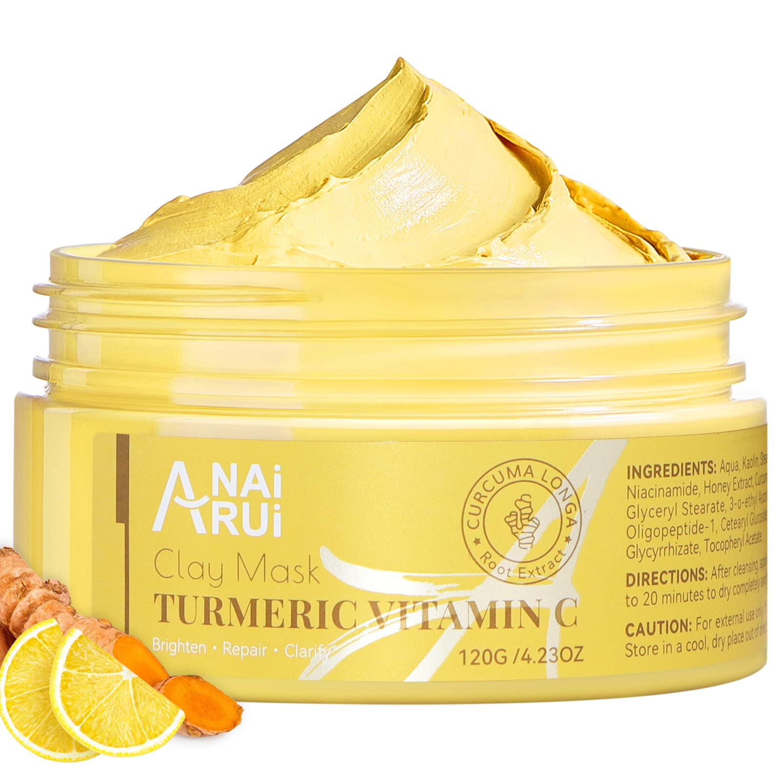 ANAiRUi Clay Masks for Face Skin Care, Turmeric + VC Mud Mask for Blackheads, Pores, Wrinkles, Fine Lines, Hydrating Clarifying, Cleansing Skincare Mask, 120g