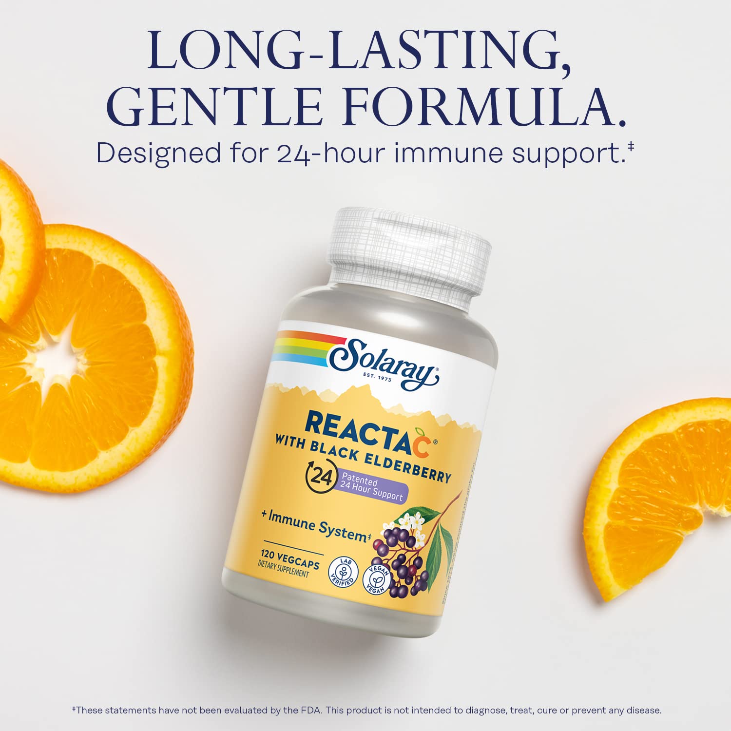 SOLARAY Reacta-C with 500mg Vitamin C, 200mg Sambucus Black Elderberry Extract, Immune System Defense Vitamins, Patented 24 Hour Immunity Booster Support Supplement, Vegan, 120 Capsules, 120 Servings