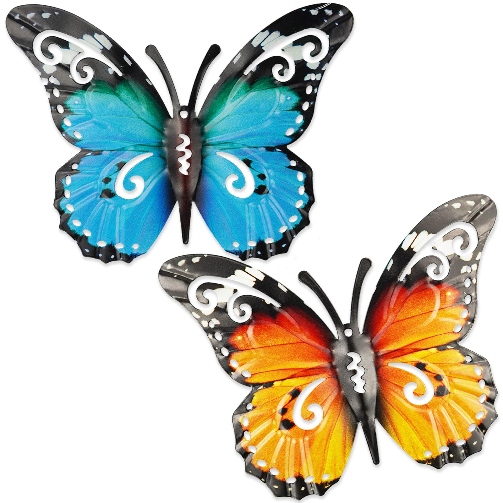 SZCXDKJ 2 Metal Butterflies Garden Decorations - Wall Art Butterflies for Outdoor Fences, Sheds, Walls, 27 x 22 cm (Blue and Yellow)