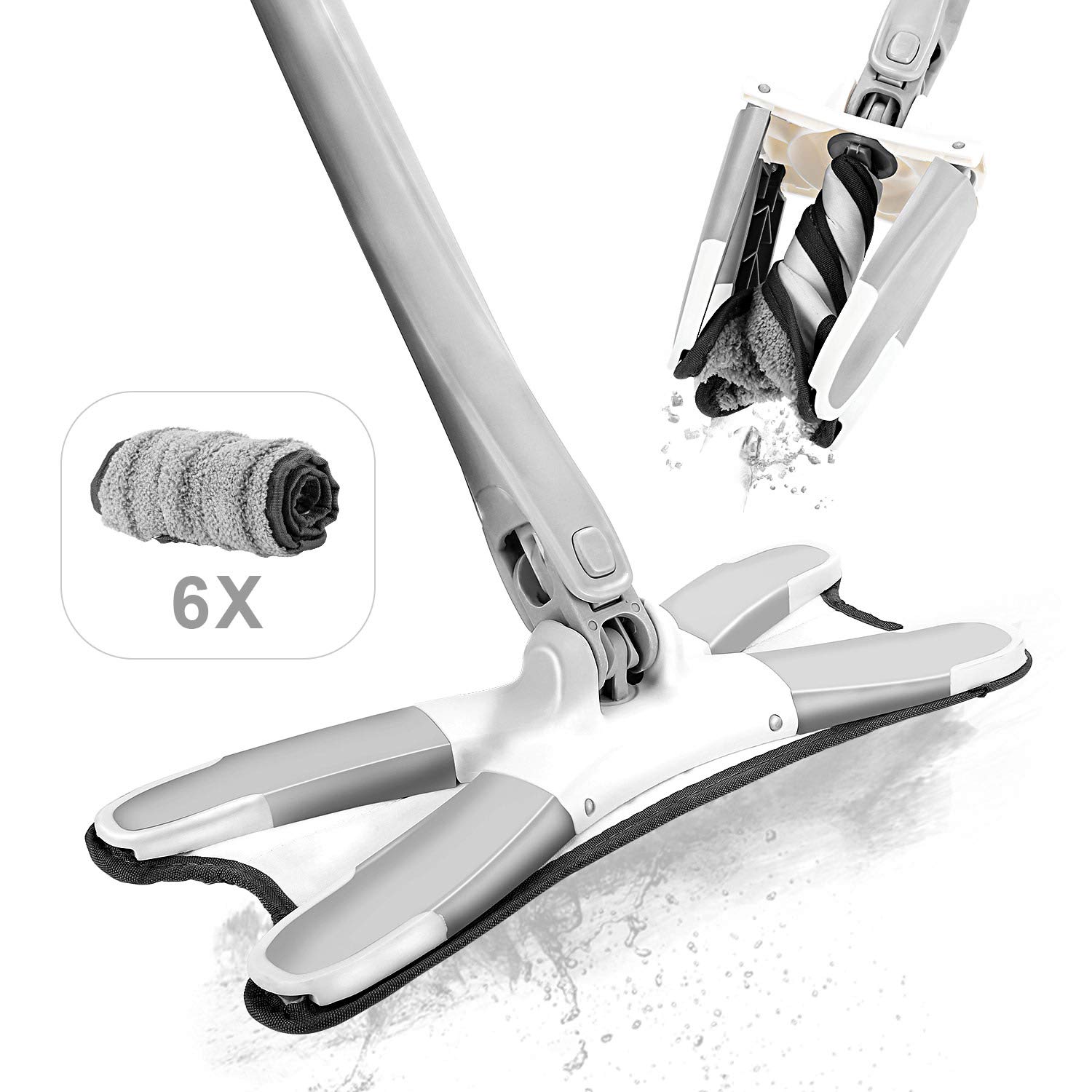 DECMAY Flat Mop with Built-In Winger, Floor Mop Microfibre X Type with Scraper, 360° Rotating Head Machine Washable for Wet and Dry Floor Cleaning