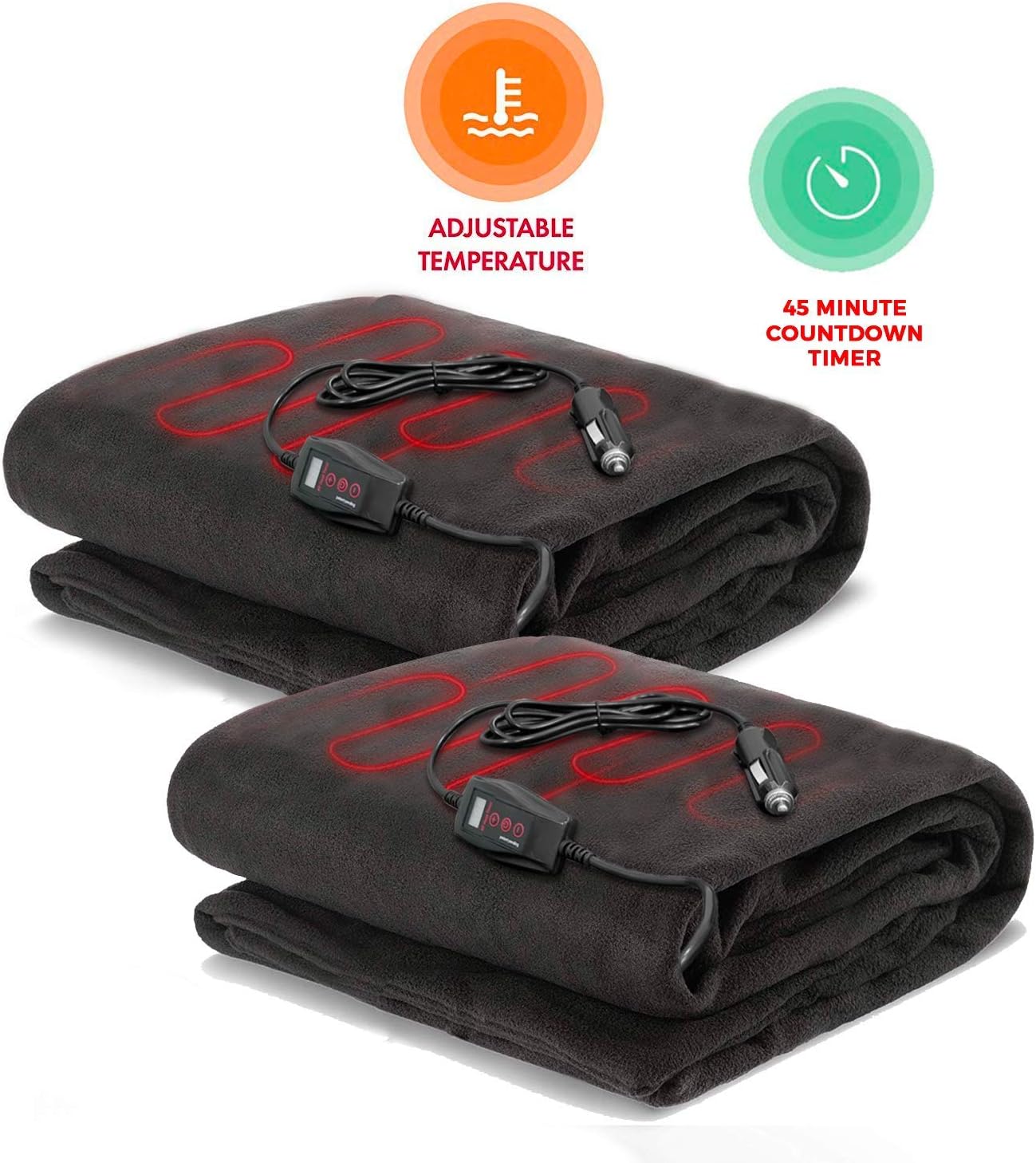 Zento Deals 2 Electric Heated Car 12V Blanket Polar Fleece Travel Road