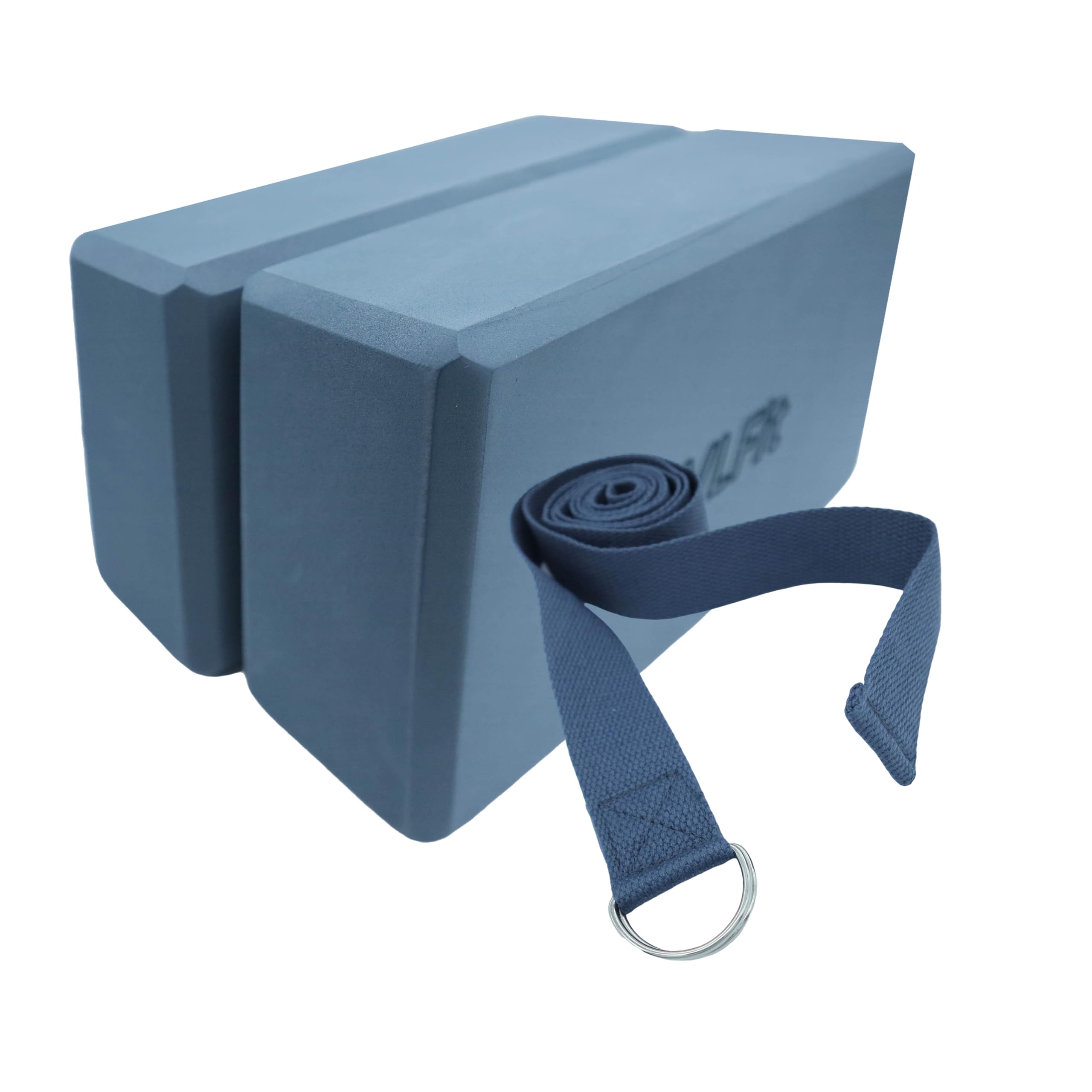 VLFit Set of 2 Hi-Density Yoga Blocks with Yoga D Ring Cotton Stretch Strap – Choice of Colour