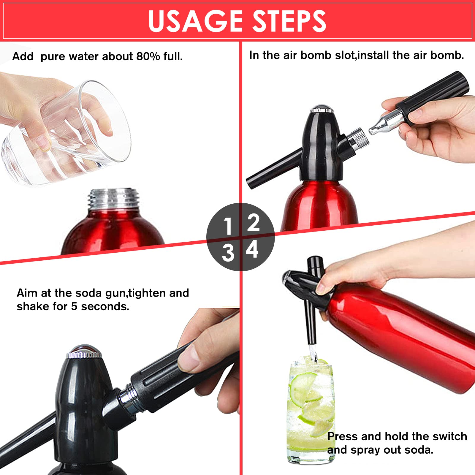 Sparkling Water Maker, 1L Soda Streaming Machine, Aluminum Soda Maker for Home, Portable Water Maker for Soda Water, Cocktails or Soda Water, 8 gram CO2 Cartridges(Not Included) (Red)