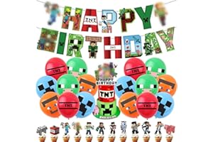 46pcs Pixel Birthday Decorations, Pixel Balloons Party Supplies Include Birthday Banner Cake Toppers Latex Balloons Ribbons
