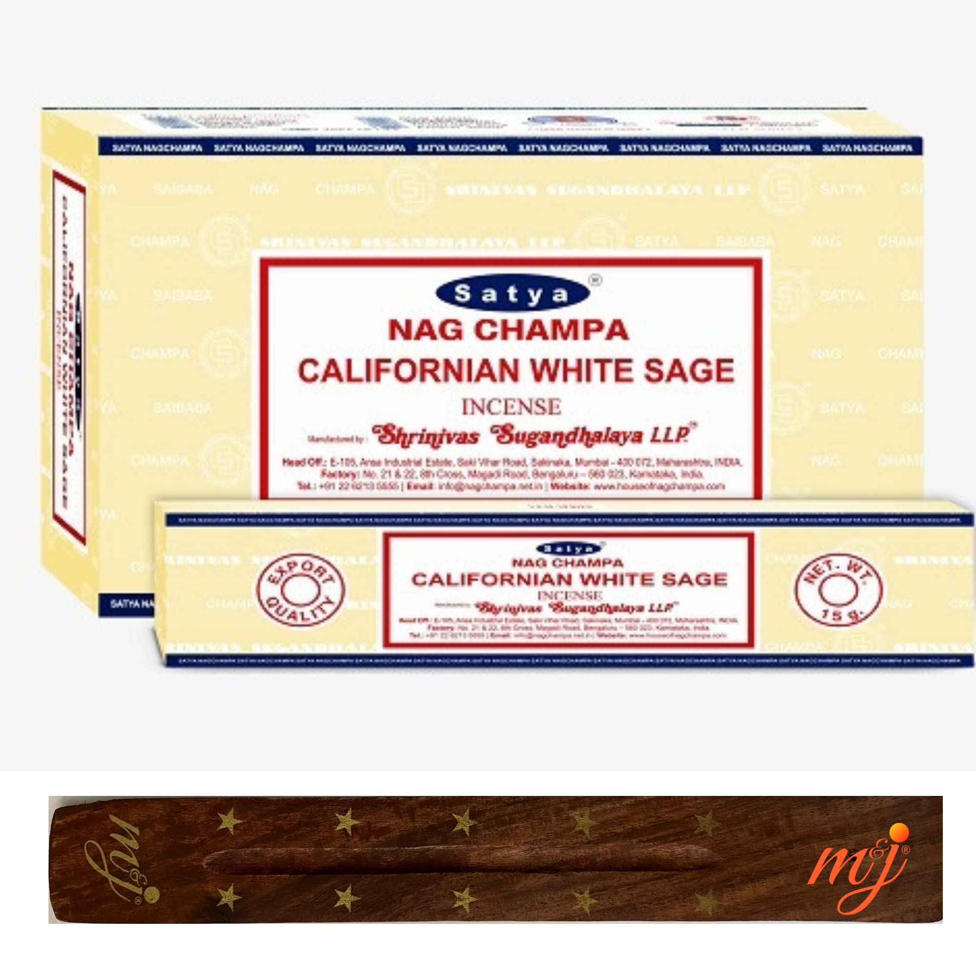 Original Satya Nag Champa Californian White Sage Incense Sticks | with M&J incense sticks holder | Full Box | for Aromatherapy, Spa, Yoga, Weddings, Meditation, Healing, Positivity and Relaxation