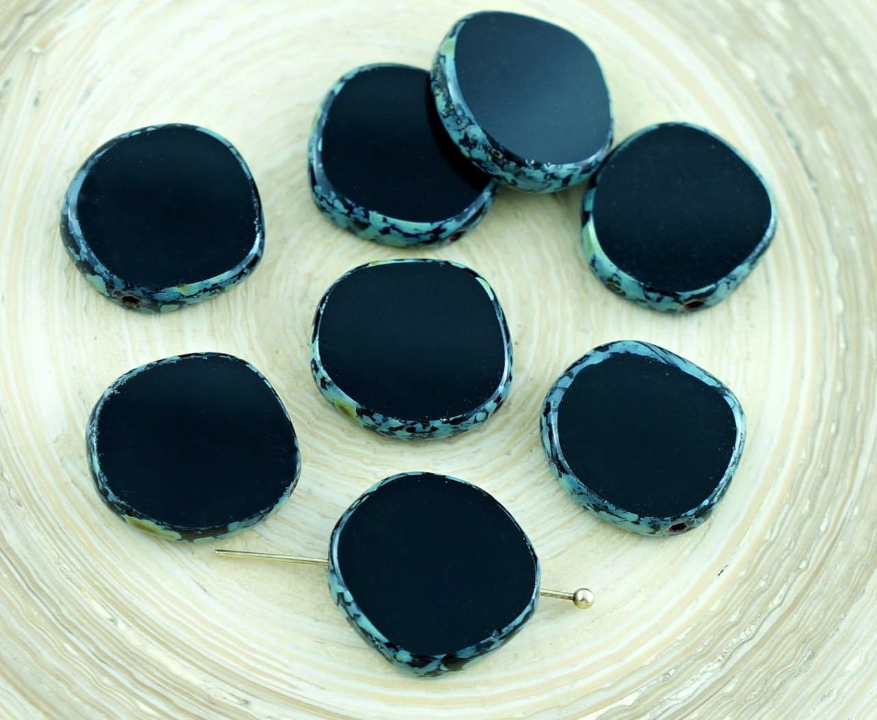 4pcs Picasso Opaque Black Brown Large Flat Round 8Edge Window Table Cut Coin Czech Glass Beads 15mm