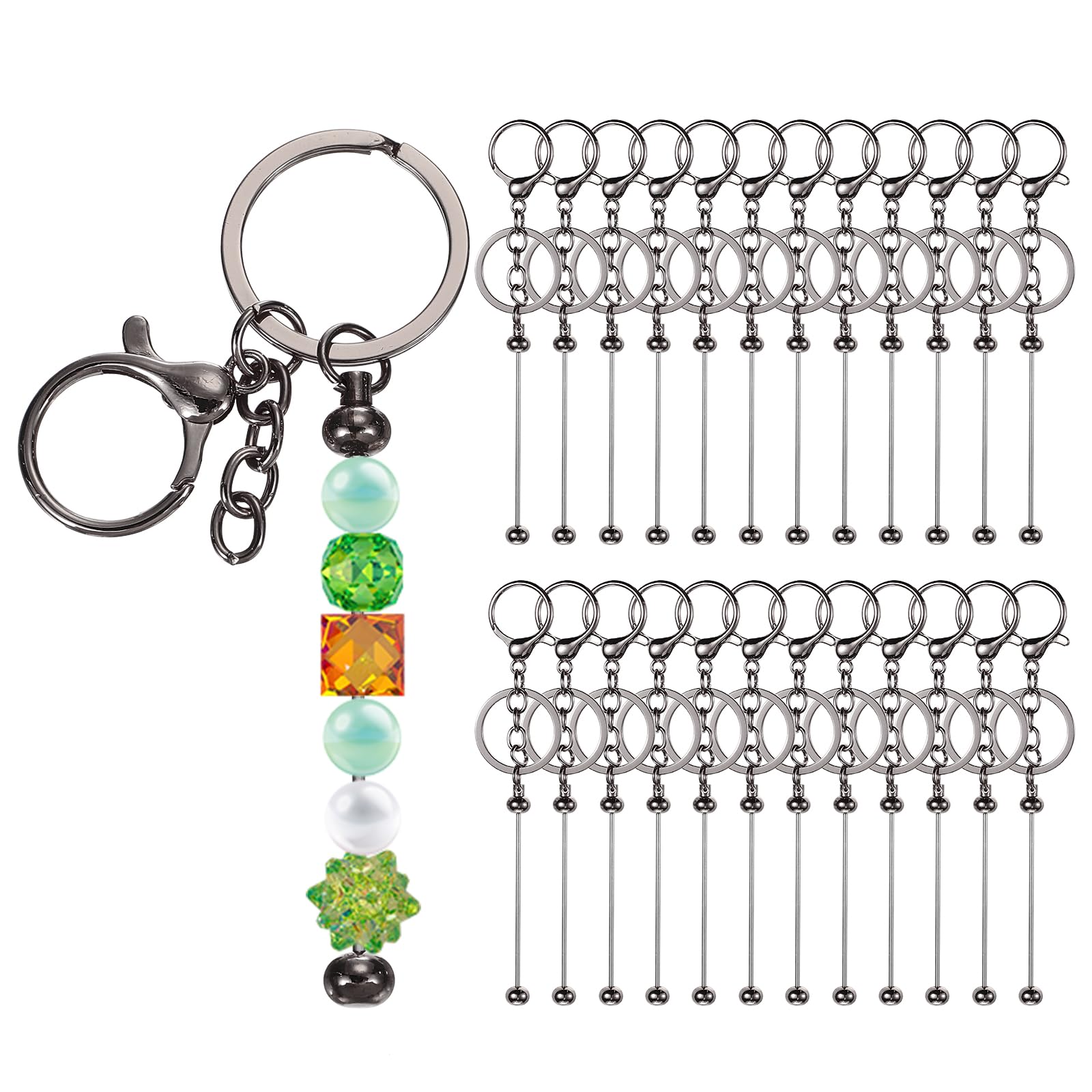 PATIKIL 24 Pcs Beadable Keychains Bars, Metal Beaded Keychain Blanks Bulk Making Supplies Kit with Lobster Hook for Pendant DIY Art Crafts, Grey Plating