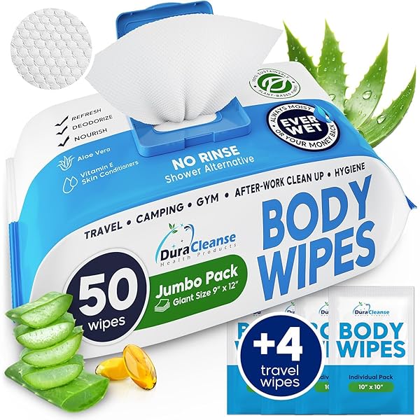 XL BODY WIPES FOR ADULTS BATHING NO RINSE – 50 CT. + 4 TRAVEL SHOWER WIPES – 9″X12″ THICK CLEANSING BATH WASH WIPES FOR ELDERLY INCONTINENCE – DISPOSABLE WASHCLOTHS, CAMPING ESSENTIALS FOR WOMEN & MEN