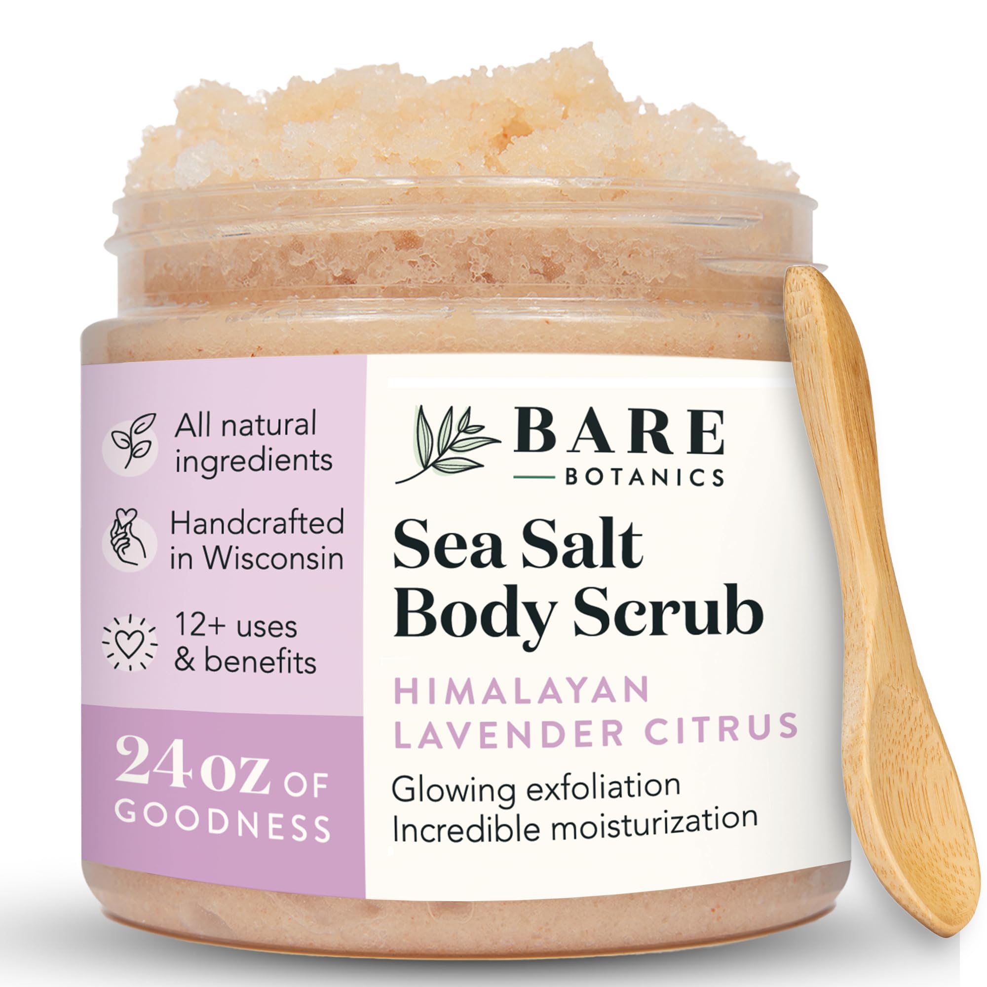Bare Botanics Lavender Grapefuit Body Scrub 24oz | Made in USA | All Natural Himalayan Salt Exfoliator Skin Loving Moisturizers | Vegan & Cruelty Free | Gift Ready Packaging w/a Cute Wooden Spoon