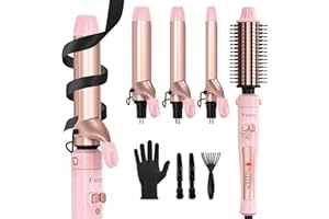 FARERY 4 in 1 Interchangeable Automatic Rotating Curling Iron & Thermal Brush Set, (0.75''-1.25'') Curling Iron, Automatic Hair Curler with 1.5'' Heating Round Curling Brush, Instant Heat 410°F, Pink