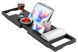 Utoplike Bamboo Bathtub Tray Caddy, Black Bath Tray Table for Tub, Adjustable Bathroom Organizer with Book Tablet Wine Glass Cup Towel Holder