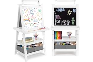 TODEFULL Art Easel for Kids, 3 in 1 Wooden Toddler Easel w/Magnetic Whiteboard, Chalkboard & Paper Roll, Painting Easel with 2 Shelves and 2 Storage Bins, Standing Easel for Boys Girls, White