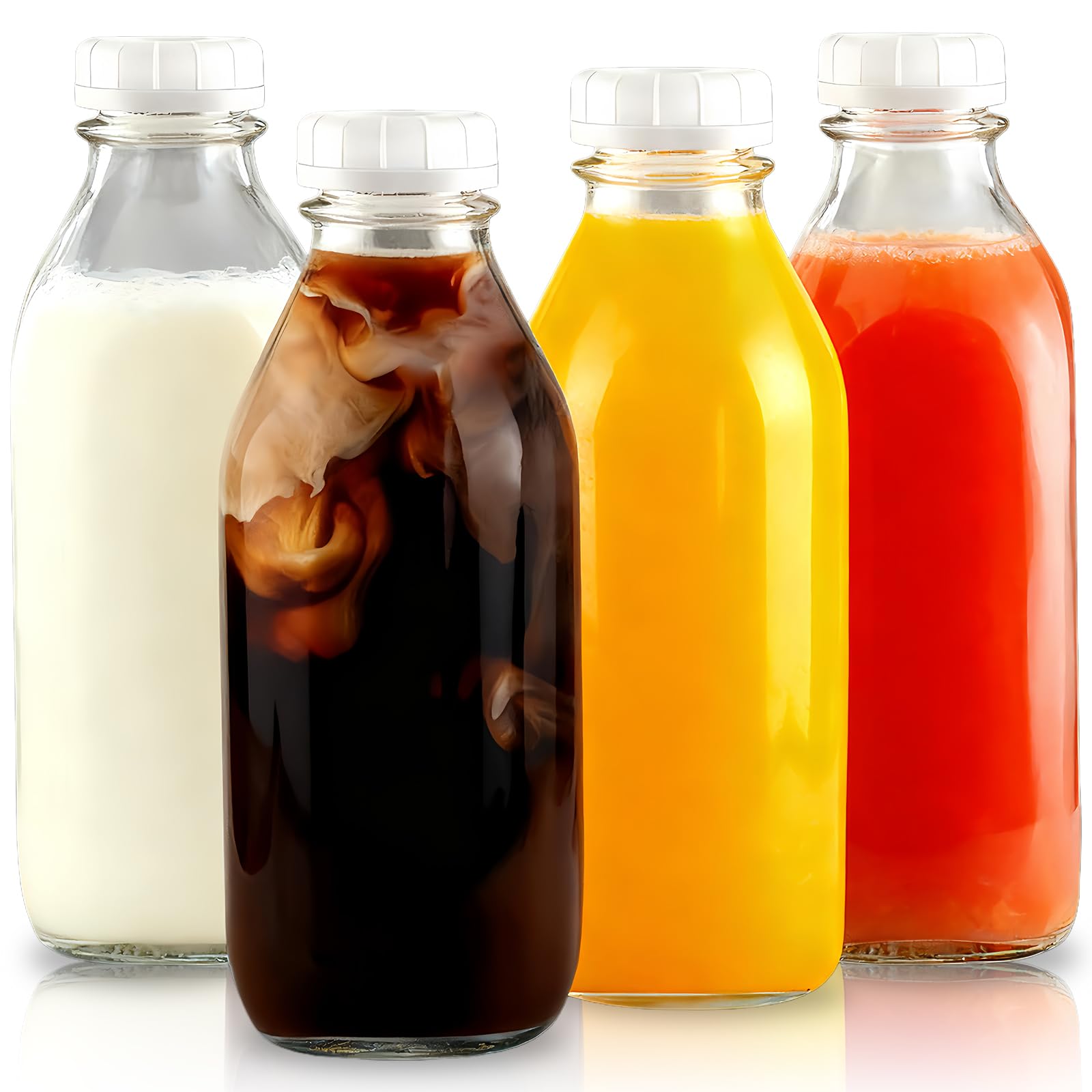 4 Pcs 1000ml Glass Milk Bottles with Lid,Reusable Glass Bottless with Lids, Dairy Drinking Bottles Clear Glasss Bottless Juice Drinking for Juices, Dressings, Sauces, Beverages, Decoration and St