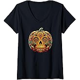 Womens Day of The Dead Pumpkin, Dia De Los Muertos, Sugar Skull, V-Neck T-Shirt