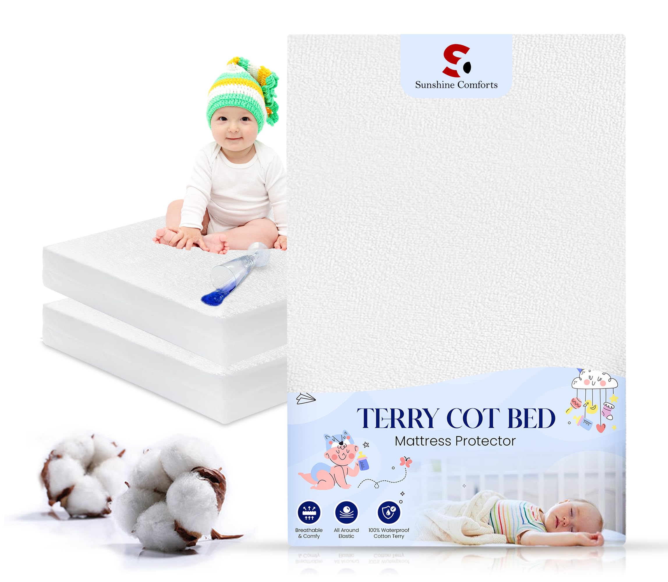 Sunshine Comforts - Waterproof Cot Bed Mattress Protector - Toddler Bed Mattress Protector for Baby Noiseless, Anti Dust, Hypoallergenic All Around Elastic Fitted Mattress Cover (70 x 140+30cm)