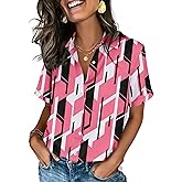 Zeagoo Button Down Shirts for Women Short Sleeve Collared Tops Dressy Casual V Neck Blouses