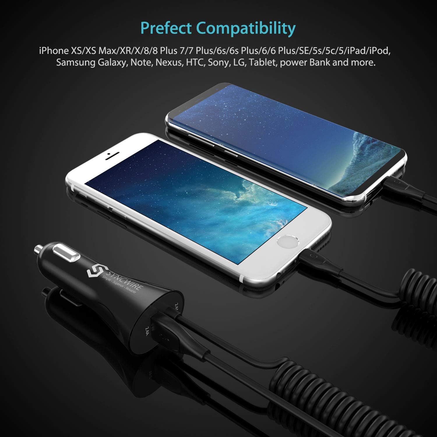 Syncwire iPhone USB Car Charger - Upgrade 4.8A/24W Car Charging Adapter with Built-in Coiled [MFI Certified] Lightning Cable for Apple iPhone 11/Xs/XS Max/XR/X/8/7/6s/6 Plus, iPad & More - Black