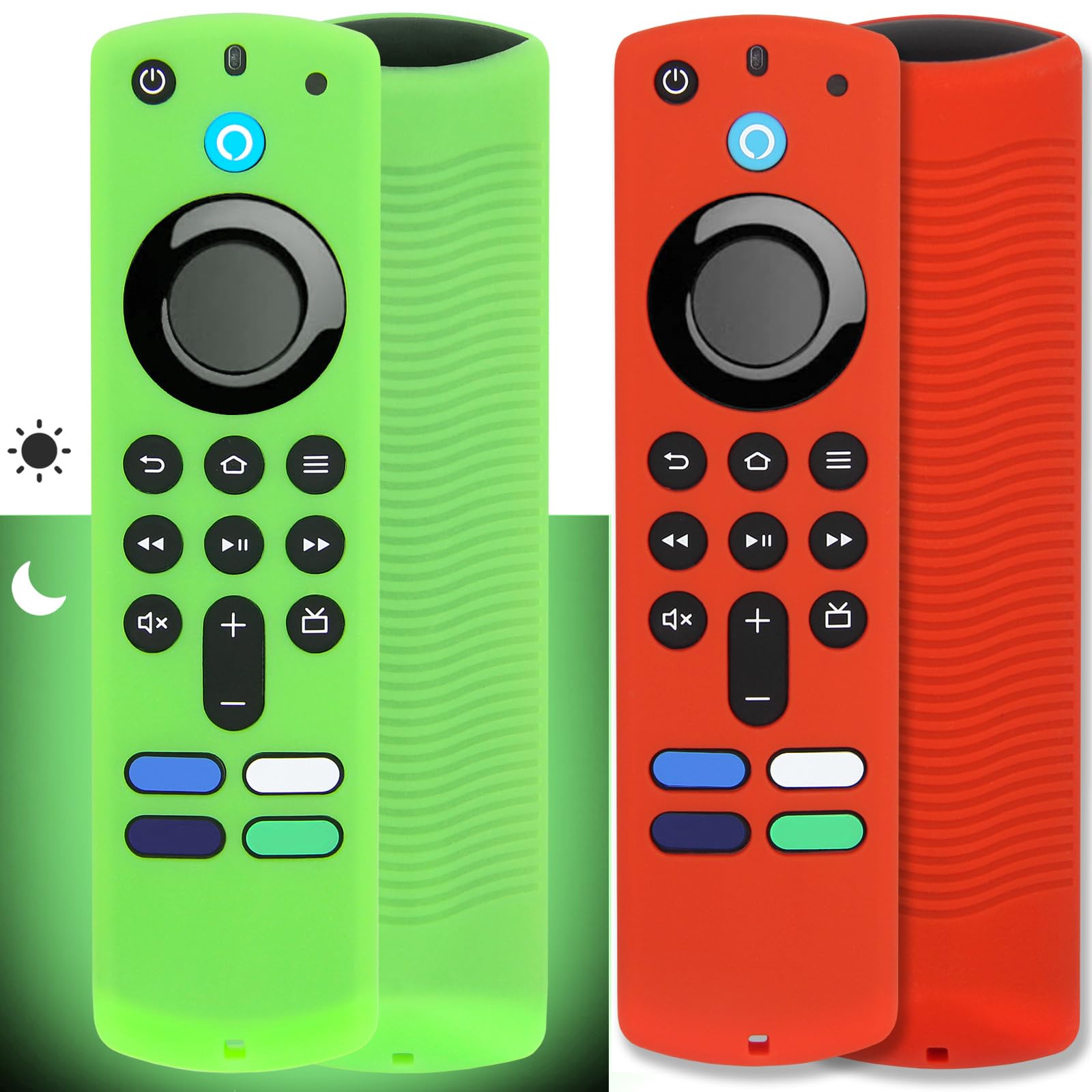 [2 Pack] Pinowu Remote Cover Case Compatible with Fire TV Stick 4K Alexa Voice Remote 3rd Gen, Anti Slip Silicone Case with Lanyard (Green Glow & Red Not Glow) (NOT for HD / 4K 2nd 2024)