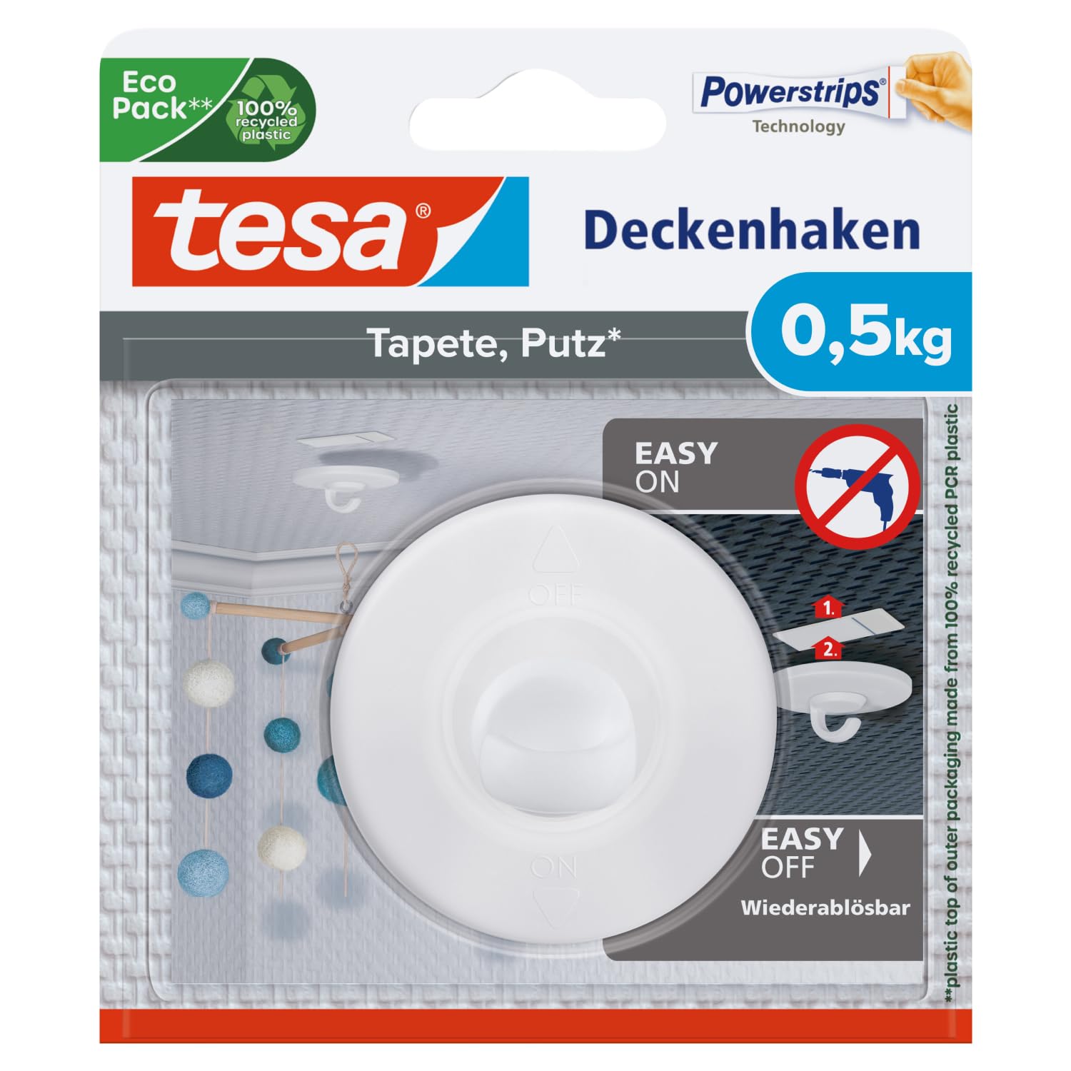 Tesa Ceiling Hook for Wallpaper and Plaster Holds up to 500 Grams, 77781-00000-00