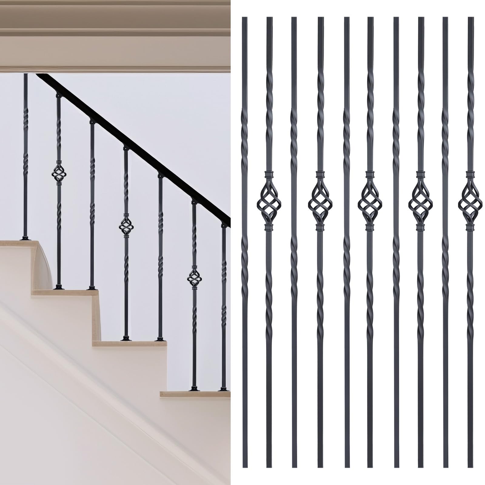 10 pack staircase balusters, 1/2" x 43.8", hollow single basket and double twist iron balusters for