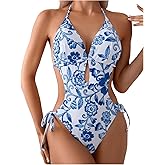 OYOANGLE Women's Floral Print Halter Neck One Piece Swimsuits Cut Out tie Backless Bathing Suit Beach Monokini