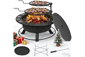 Gbekery 32.5" 3-in-1 Fire Pit Table with Dual Grills – Wood Burning Firepit for Outside Cooking, BBQ Grate & Round Patio Table – Includes Charcoal Pan, Log Rack,Poker & Lid for Backyard, Garden