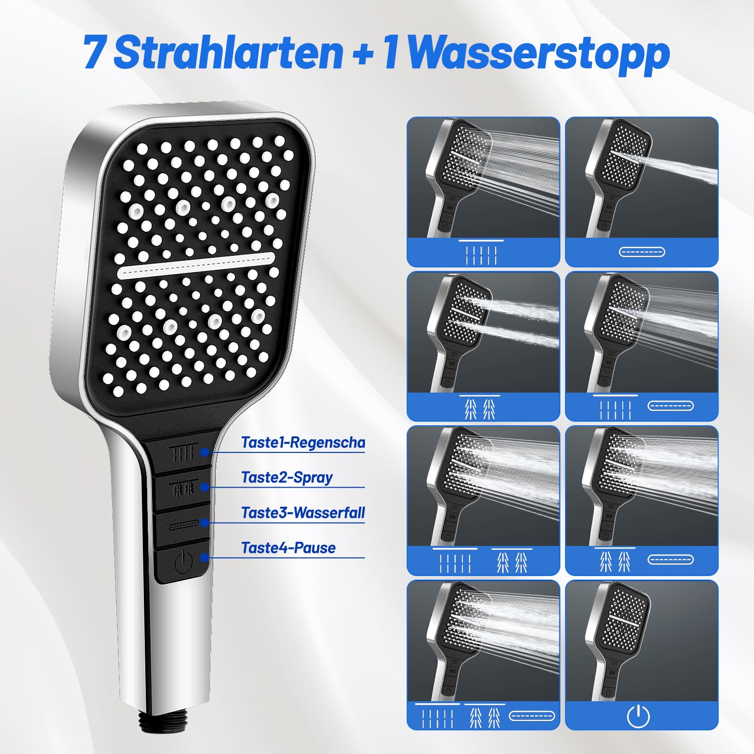 VEHHE Duschkopf Wassersparend, 7 Strahlarten Duschkopf Regendusche mit Stopptaste, Einhand-Einstellung und Anti-Stau-Silikondüse, Gross Duschbrause Druckerhöhend（Silber） 2