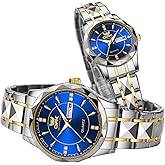 OUPINKE His and Her Watches Set Romantic Anniversary Valentine's Day Love Gift Matching Set 2 Pairs Gold Black Silver Stainless Steel Band Luminous Waterproof Couple Watches